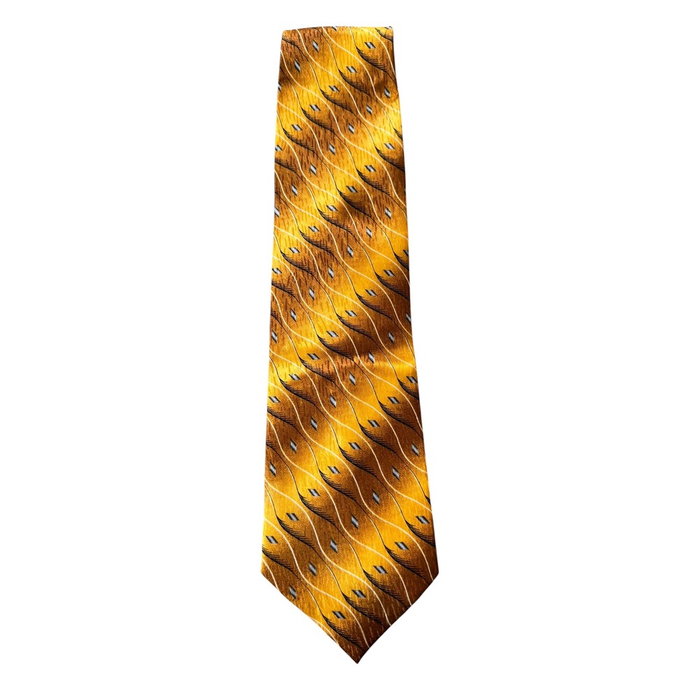 Covona Mens Gold Yellow‎ Abstract Feather Diamond Pattern Polyester Necktie Tie
